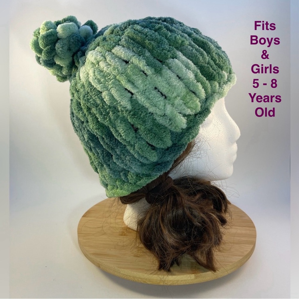 Handmade Kid’s Super Soft & Cozy Winter Hat With Loopy Pom-Pom- Variegated Green